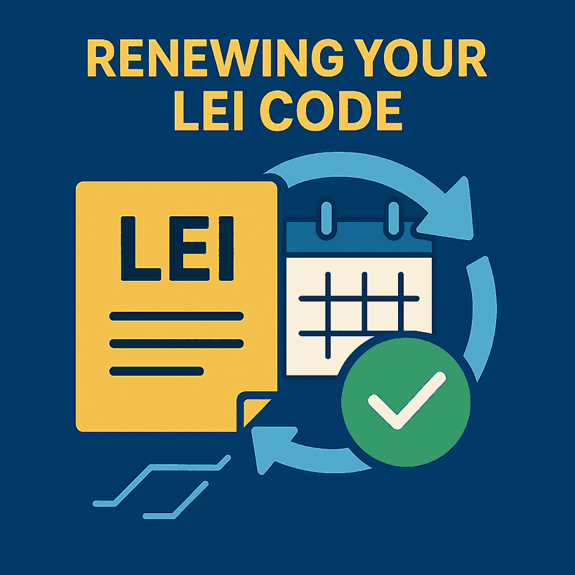 LEI code renewal process – calendar, document, and checkmark representing annual LEI update