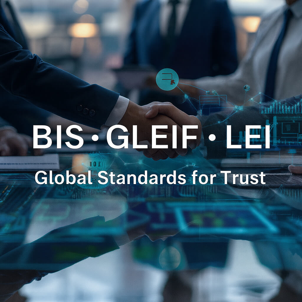Handshake with digital network overlay and text BIS • GLEIF • LEI – Global Standards for Trust