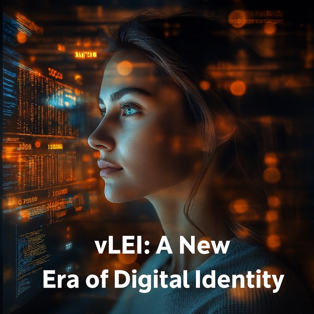 A person analyzing digital identity data on a futuristic interface, illustrating the concept of vLEI digital identity.